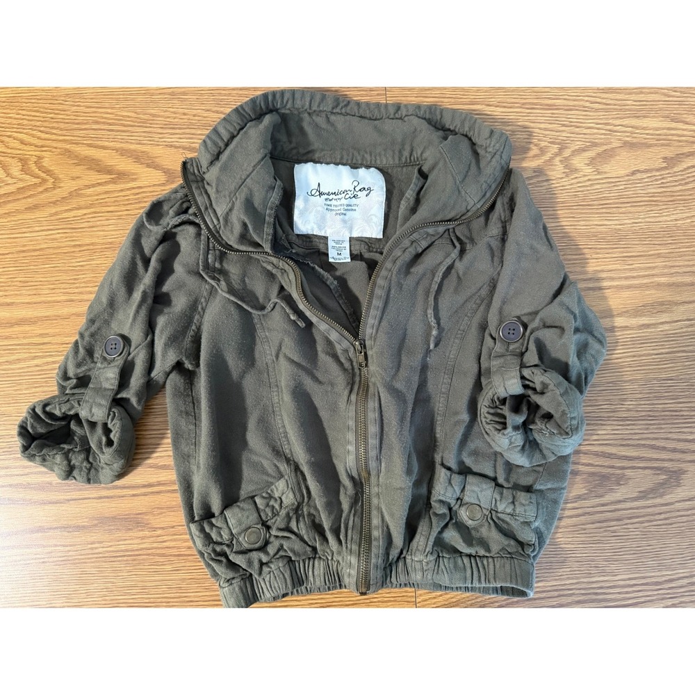 American Rag Cie Washed Camo Green Zip Up Bomber Jacket Women's Medium